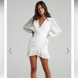 SHOWPO CAN I BE YOUR HONEY MINI DRESS - PLUNGE BALLOON SLEEVE DRESS IN WHITE